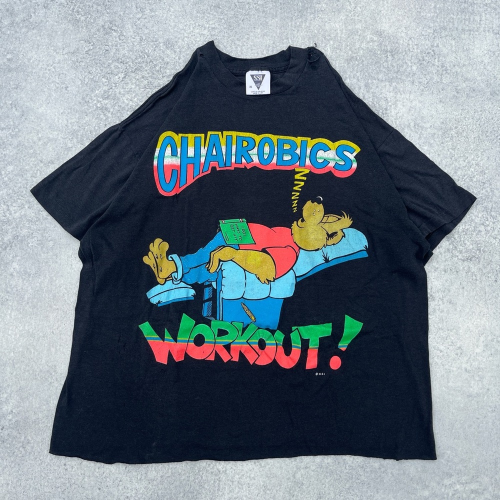 Vintage 90s Single Stitch Distressed Faded Black Chairobics Workout T-Shirt